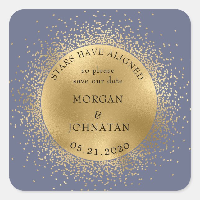 celestial midnight gold moon  save the date square sticker (Front)
