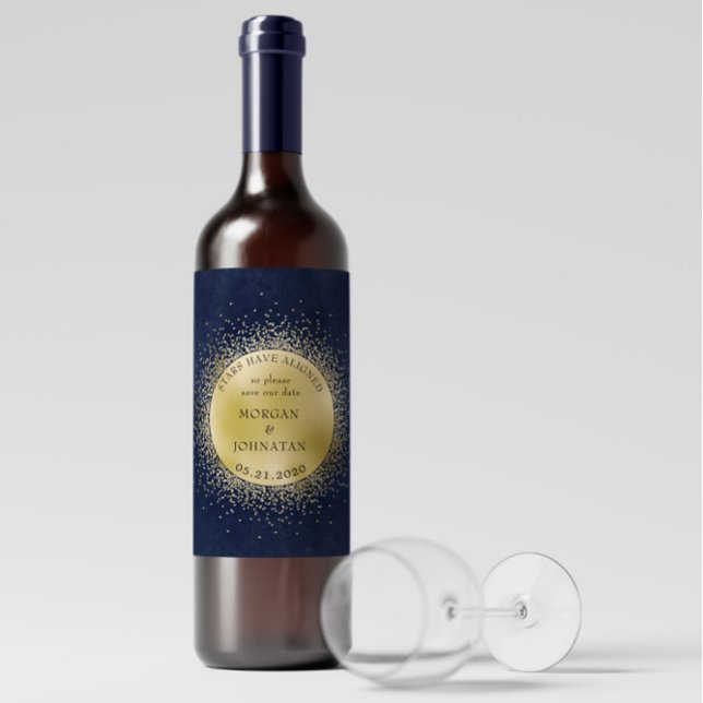 Celestial Midnight Gold Moon Save The Date Wine Label (Creator Uploaded)