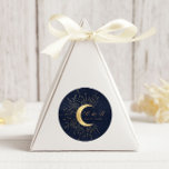 Celestial Midnight Gold Moon Wedding Classic Round Sticker<br><div class="desc">Our "Celestial Gold Wedding" collection features a beautiful crescent moon with gold stars in various designs on a velvet midnight blue background paired with elegant fonts. Easy to customise and you can choose among many more matching items from this collection in our store.</div>