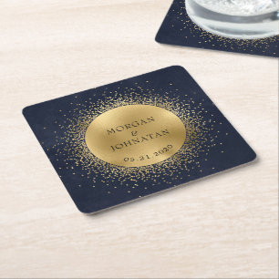 Celestial Midnight Gold Moon Wedding Square Paper Coaster