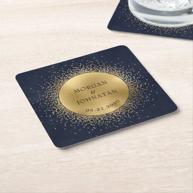 Celestial Midnight Gold Moon Wedding   Square Paper Coaster (Angled)