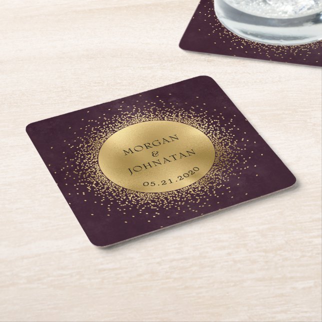 celestial midnight gold moon wedding square paper coaster (Angled)