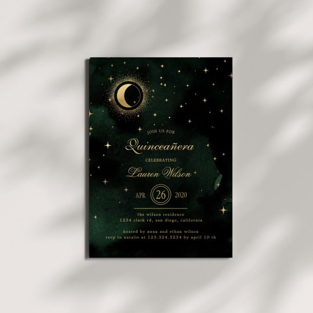 Celestial Midnight Green Gold Stars Quinceanera Invitation (Creator Uploaded)