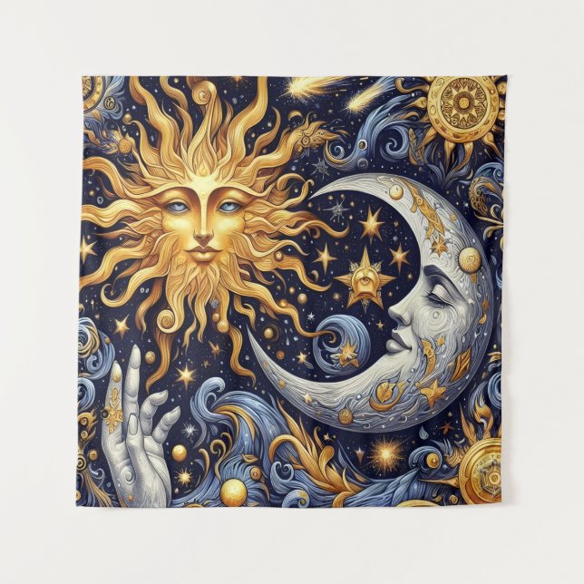 Celestial Midnight Silhouette Sun and Moon Tapestry (Front)