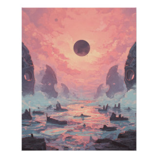 Celestial Mist Eclipse Fantasy Landscape Poster