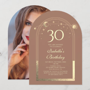 Celestial Mocha Gold Sun Moon Stars 30th Birthday Invitation