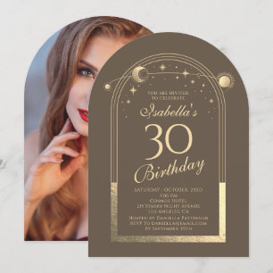 Celestial Mocha Gold Sun Moon Stars 30th Birthday Invitation