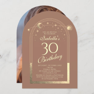 Celestial Mocha Gold Sun Moon Stars 30th Birthday Invitation