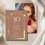 Celestial Mocha Gold Sun Moon Stars 30th Birthday Invitation<br><div class="desc">Celestial Mocha Mousse Gold Sun Moon Astronomy 30th Birthday Photo Invitations features an elegant gold sun,  moon and stars with a golden frame on a mocha mousse background. Inside is your custom thirtieth birthday invitation information. On the reverse add your favourite photo. Designed for you by Evco Studio www.zazzle.com/store/evcostudio</div>