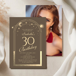 Celestial Mocha Gold Sun Moon Stars 30th Birthday Invitation
