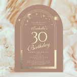 Celestial Mocha Gold Sun Moon Stars 30th Birthday Invitation<br><div class="desc">Celestial Mocha Mousse Gold Sun Moon Astronomy 30th Birthday Invitations features an elegant gold sun, moon and stars with a golden frame on a mocha mousse background. Inside is your custom thirtieth birthday invitation information. Personalise by editing the text in the text boxes. Designed for you by Evco Studio www.zazzle.com/store/evcostudio...</div>