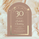Celestial Mocha Gold Sun Moon Stars 30th Birthday Invitation<br><div class="desc">Celestial Mocha Mousse Gold Sun Moon Astronomy 30th Birthday Invitations features an elegant gold sun, moon and stars with a golden frame on a mocha mousse background. Inside is your custom thirtieth birthday invitation information. Personalise by editing the text in the text boxes. Designed for you by Evco Studio www.zazzle.com/store/evcostudio...</div>
