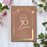 Celestial Mocha Gold Sun Moon Stars 30th Birthday Invitation<br><div class="desc">Celestial Mocha Mousse Gold Sun Moon Astronomy 30th Birthday Invitations features an elegant gold sun, moon and stars with a golden frame on a mocha mousse background. Inside is your custom thirtieth birthday invitation information. Personalise by editing the text in the text boxes. Designed for you by Evco Studio www.zazzle.com/store/evcostudio...</div>