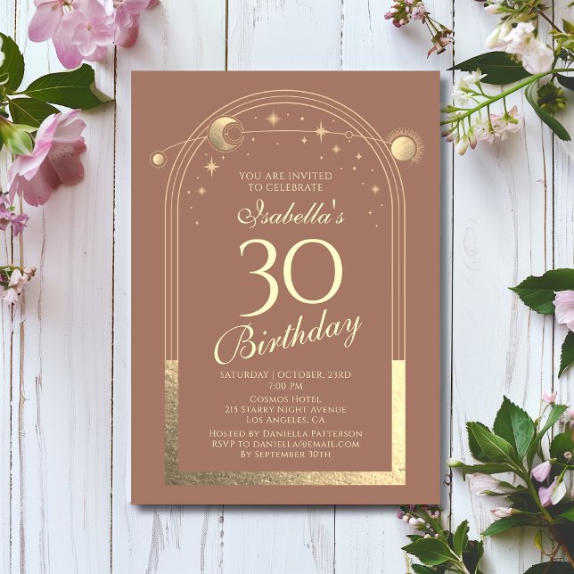 Celestial Mocha Gold Sun Moon Stars 30th Birthday Invitation (Creator Uploaded)