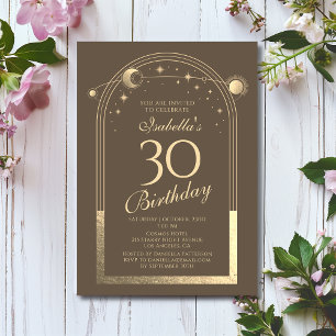 Celestial Mocha Gold Sun Moon Stars 30th Birthday Invitation