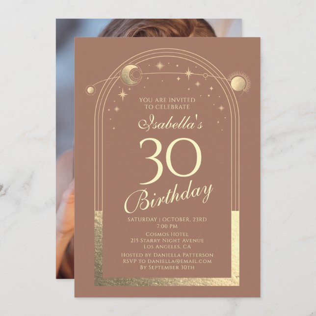 Celestial Mocha Gold Sun Moon Stars 30th Birthday Invitation (Front/Back)