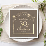 Celestial Mocha Gold Sun Moon Stars 30th Birthday Napkin<br><div class="desc">Celestial Mocha Gold Sun Moon Astronomy 30th Birthday Paper Napkins features an elegant gold sun,  moon and stars with a golden frame on a mocha background. Inside is your custom thirtieth birthday information. Personalise by editing the text in the text boxes. Designed for you by Evco Studio www.zazzle.com/store/evcostudio</div>