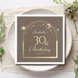 Celestial Mocha Gold Sun Moon Stars 30th Birthday Napkin