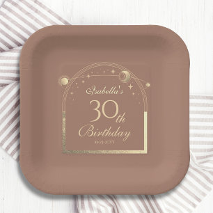Celestial Mocha Gold Sun Moon Stars 30th Birthday Paper Plate