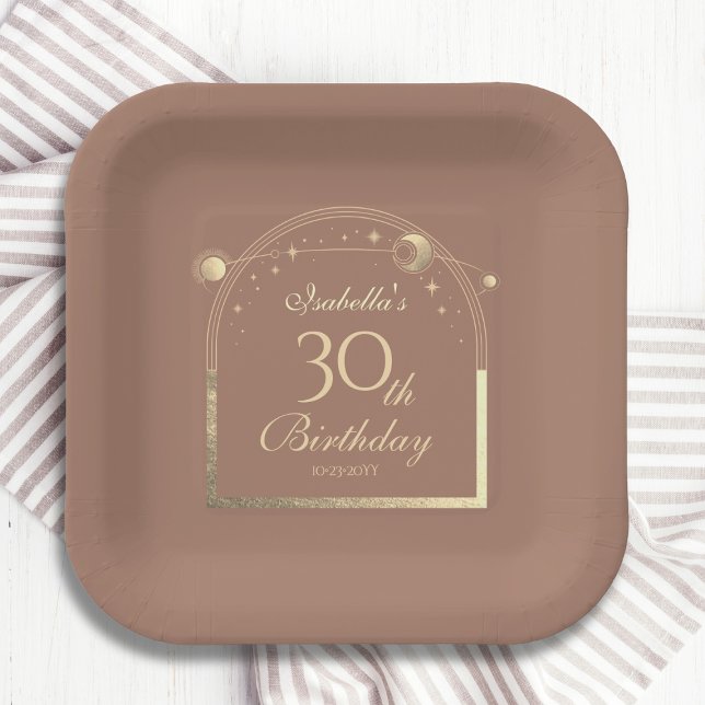Celestial Mocha Gold Sun Moon Stars 30th Birthday Paper Plate (Creator Uploaded)