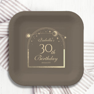 Celestial Mocha Gold Sun Moon Stars 30th Birthday Paper Plate