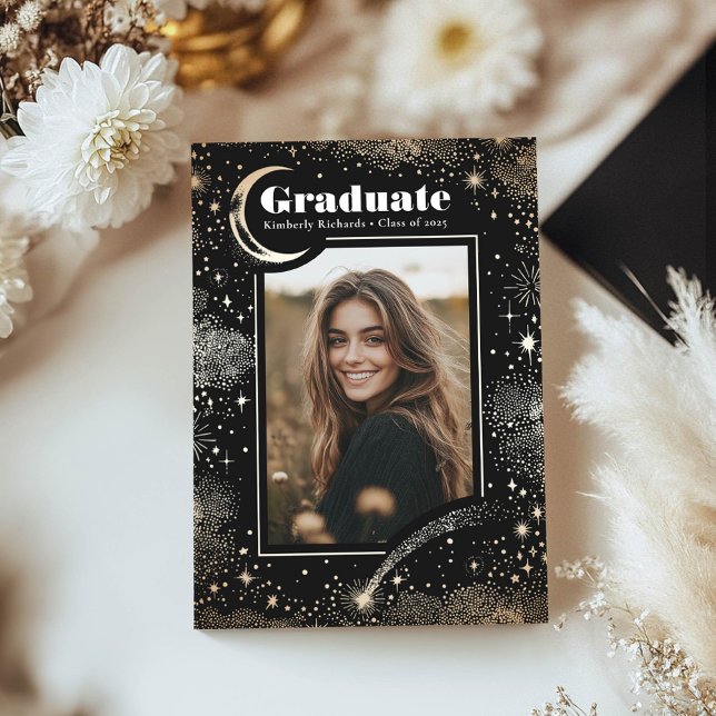 Celestial Modern Black Graduate Photo Graduation Announcement (Celestial Black Photo Graduation Announcement)
