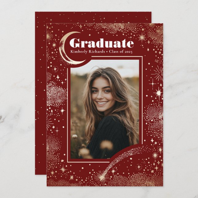 Celestial Modern Red Graduate Photo Graduation Announcement (Front/Back)
