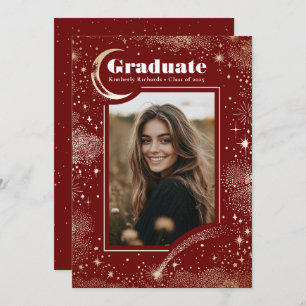 Celestial Modern Red Graduate Photo Graduation Announcement