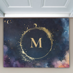 Celestial Monogram Blue Gold Galaxy Sky Planets Doormat