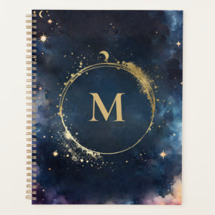 Celestial Monogram Blue Gold Galaxy Sky Planets Planner