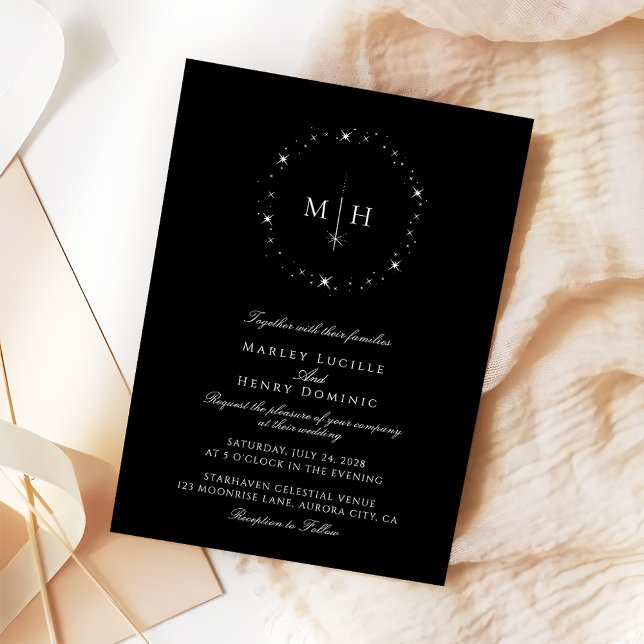 Celestial Monogram Elegant Black and White Wedding Invitation (Creator Uploaded)