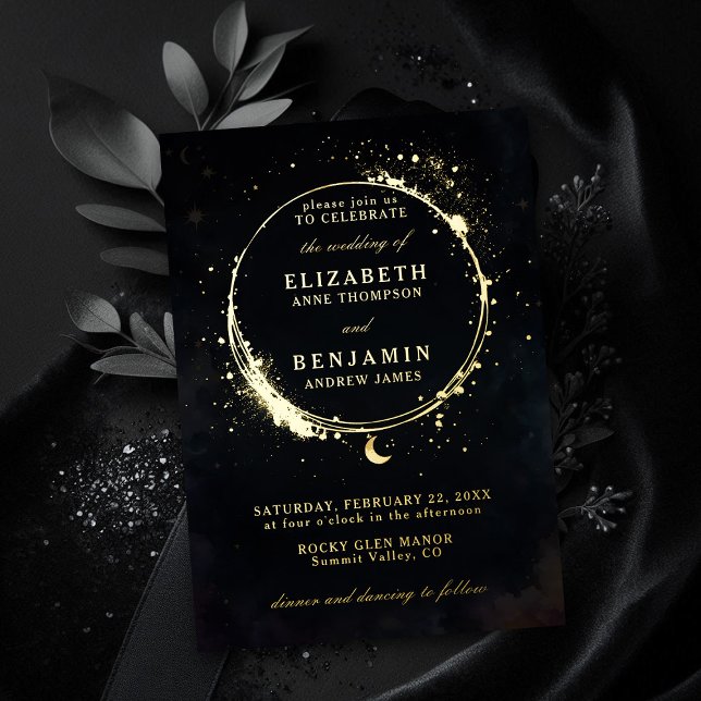 Celestial Moody Whimsical Elegant Gold Wedding (celestial wedding invitation elegant modern whimsical moon stars sky frame moody dark gold foil)