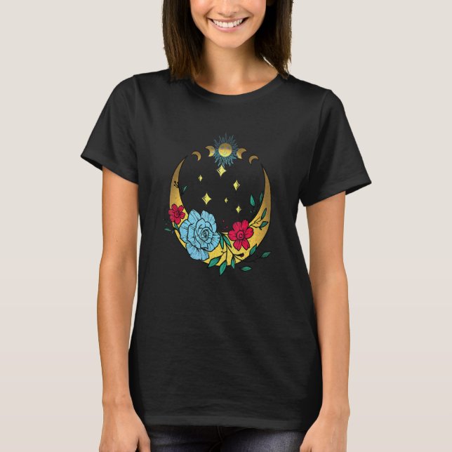 Celestial Moon And Flowers Boho Crescent Moon T-Shirt (Front)