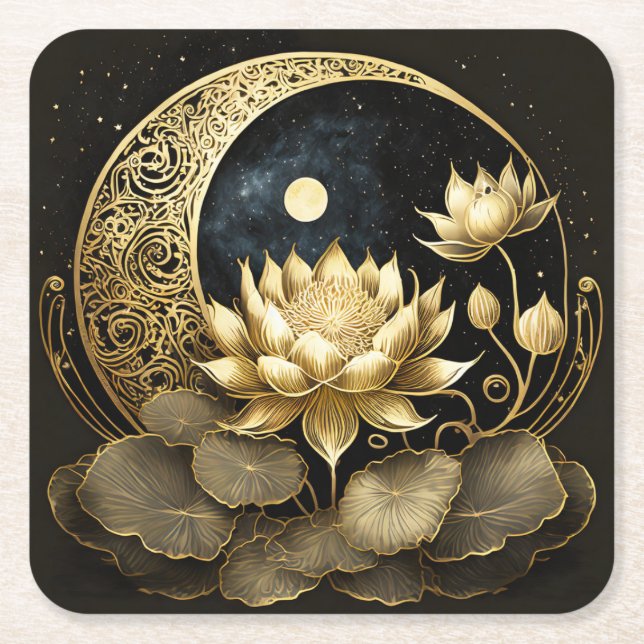 Celestial moon and lotus flower square paper coaster (Front)