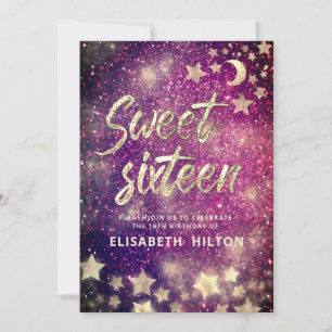 Celestial moon and stars calligraphy sweet sixteen invitation