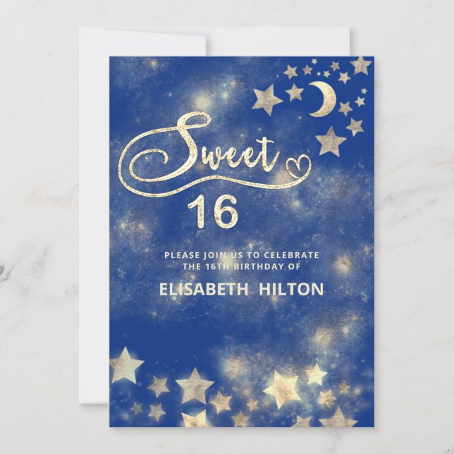 Celestial moon and stars calligraphy sweet sixteen invitation (Front)