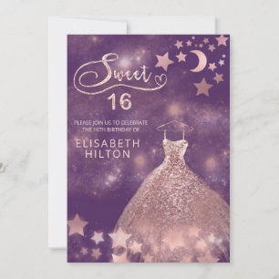 Celestial moon and stars calligraphy sweet sixteen invitation