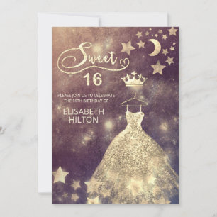 Celestial moon and stars calligraphy sweet sixteen invitation