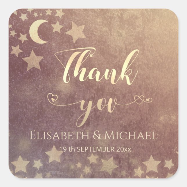 Celestial  moon and stars calligraphy thank you sq square sticker (Front)
