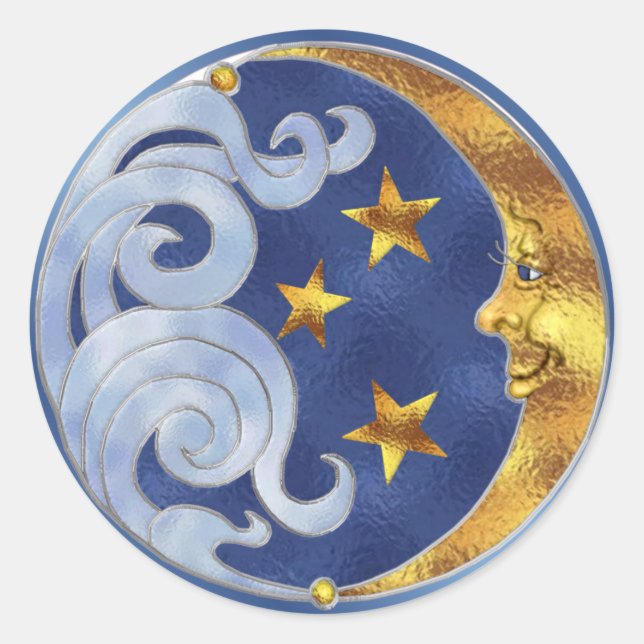 Celestial Moon and Stars Classic Round Sticker (Front)