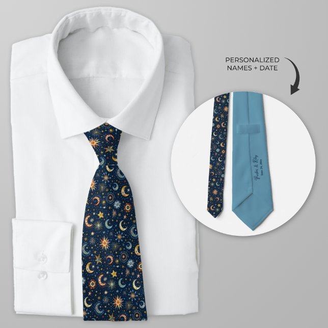 Celestial Moon and Stars Folk Art Tie (Personalized Celestial Wedding Necktie for groom and  groomsmen.)