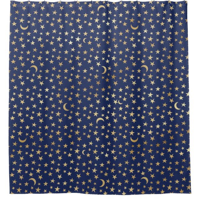 Celestial Moon and Stars Gold and Navy Shower Curtain (Front)