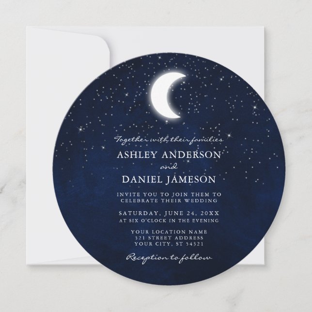 Celestial Moon and Stars Round Wedding Invitation (Front)