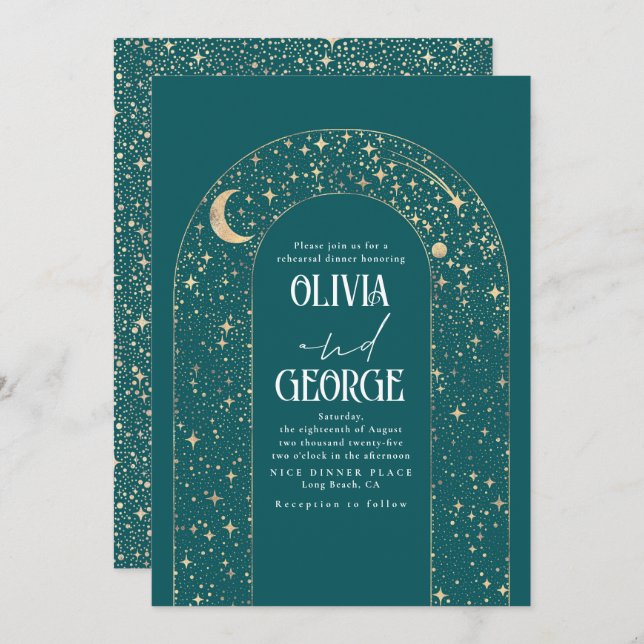 Celestial Moon and Stars Teal Rehearsal Dinner Invitation (Front/Back)