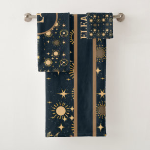 Celestial Moon and Sun Gold and Blue Personalised Bath Towel Set