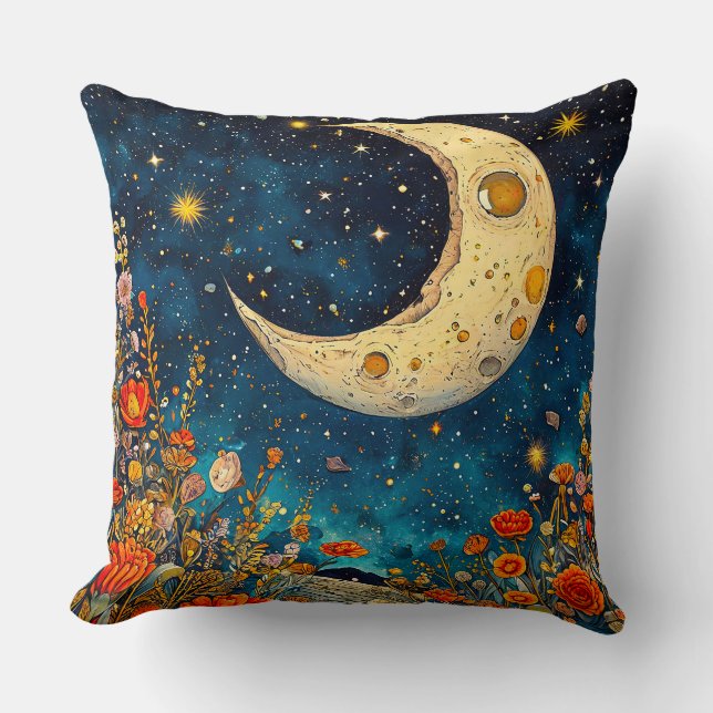 Celestial Moon and Vibrant Flowers Cushion (Front)