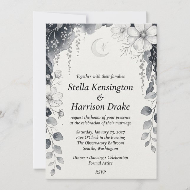 Celestial Moon, Black and White Cosmos, Eucalyptus Invitation (Front)