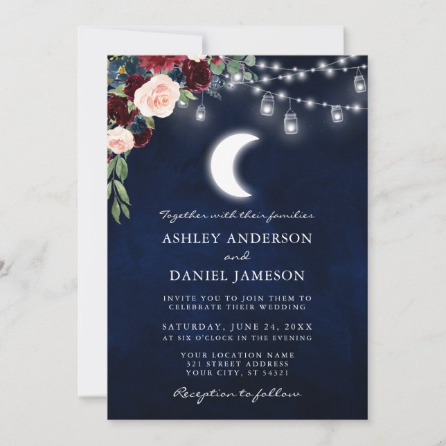 Celestial Moon Burgundy Floral Jar Lights Wedding Invitation (Front)