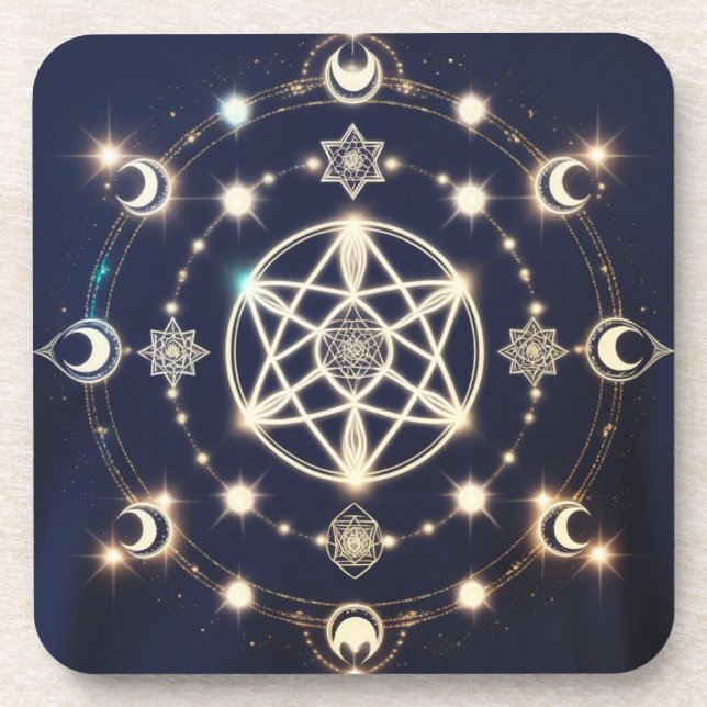Celestial Moon Cycle Mandala – Sacred Geometry Coaster (Front)