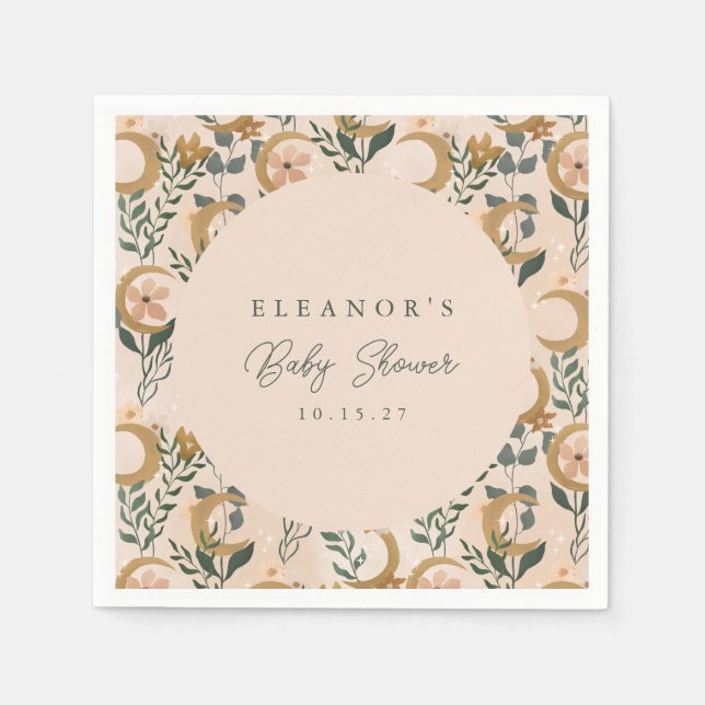 Celestial Moon Floral Boho Neutral Baby Shower Napkin (Front)